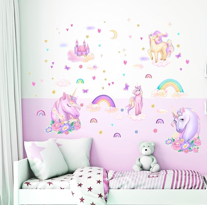 Unicorn Wall Decals Pack of 4 Sheets 125pcs by Lipastick - Rainbow Wall Stickers – Princess Castle with Hearts Clouds Stars Wall Decals Decor for Girls Kids Bedroom Birthday Party Size M Size