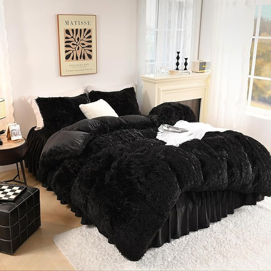 Litanika Black Fluffy Comforter Queen, Luxury Fuzzy Plush Faux Fur Bedding Set for Queen Bed, Ultra Soft Velvet Warm Comforter 3 Pieces(1 Shaggy Comforter 90×90 Inch, 2 Pillowcases)
