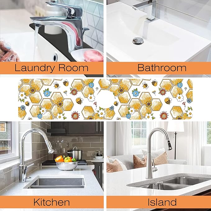 Kitchen Sink Splash Guard Faucet Mat Cute Bees and Honeycomb Sink Splash Guard Behind Faucet,1 PC Soft Diatom Mud Non-Slip Mat-for Kitchen,Dish Drying Mat,Bathroom Faucet Mat 23.5""X5.5""