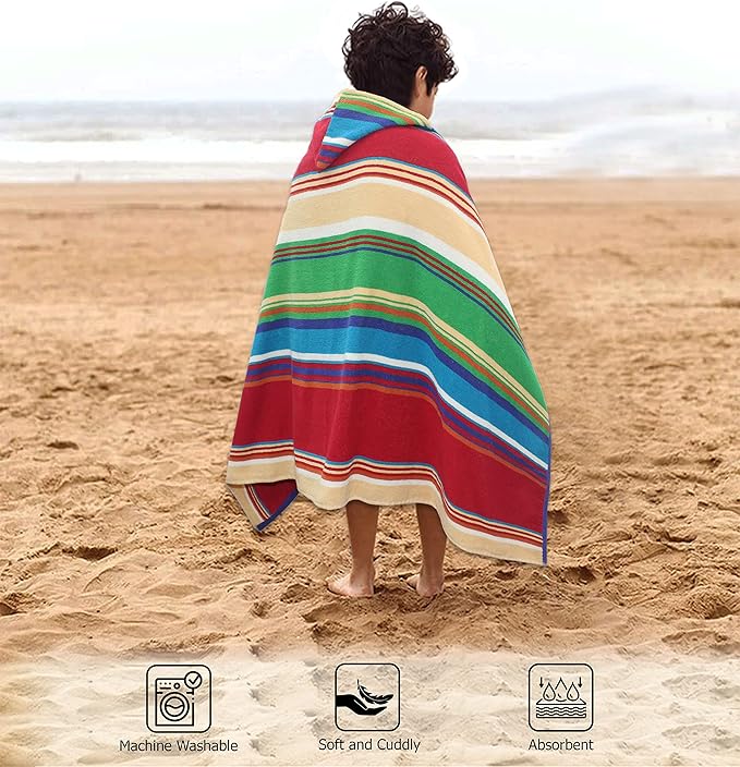 Hooded Bath Towel Wrap - 100% Cotton Terry Large Oversized Hooded Kids Towel - Toddler Shower Pool Beach Towel - Super Soft Plush Absorbent Quick Dry Easy Care Gift -30x60- Stripes Multi