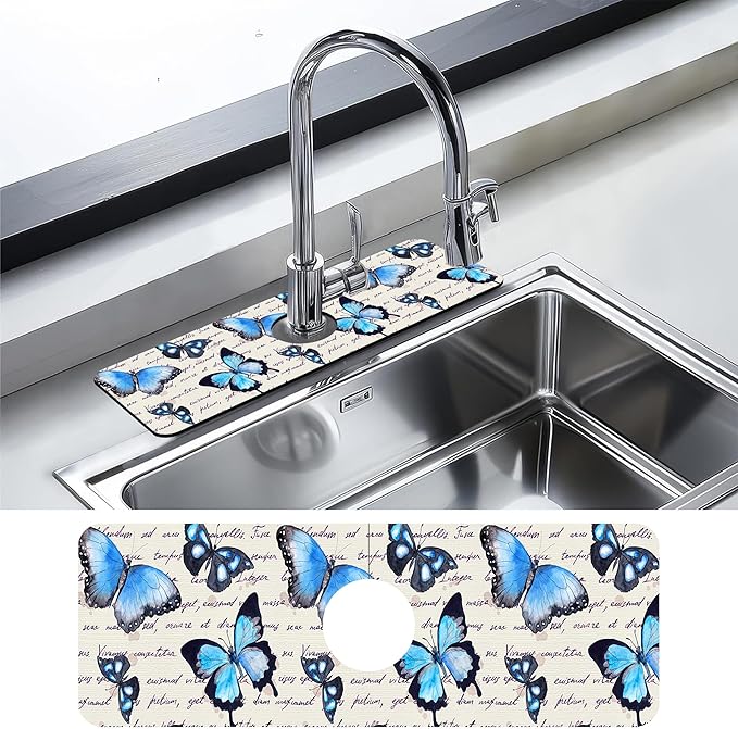 Kitchen Sink Splash Guard Faucet Mat Butterflies Hand Written Text Sink Splash Guard Behind Faucet,1 PC Soft Diatom Mud Non-Slip Mat-for Kitchen,Dish Drying Mat,Bathroom Faucet Mat 15.5"X5.5"