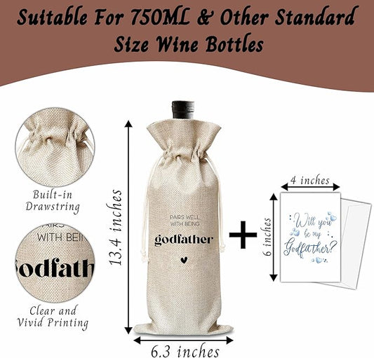 Xanev Godfather Wine Gift Bag For Men, Godfather Proposal Gifts, Pairs Well With Becoming Godfather Wine Bag, Baptism Gifts For Godfather From Godchild, Birthday Wine Party Favors Decor, B02