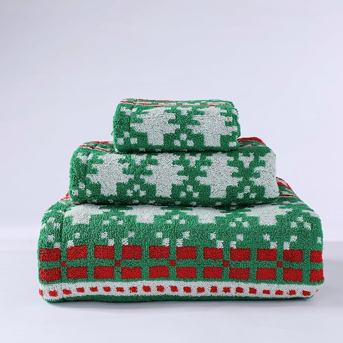 Luxury Christmas Tree Snowflakes Green Pattern Bath Towel Sets for Kids, 1 Bath Towels 1 Hand Towels 100% Cotton Ultra Soft Fluffy Highly Absorbent Towel for Women Elderly Gift
