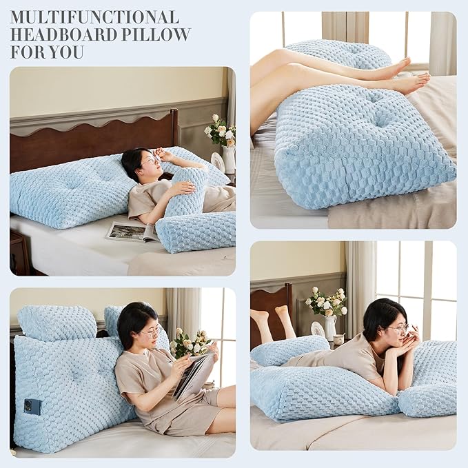 Wedge Headboard Pillow - Bed Wedge Pillow for Headboard Triangular Headboard Pillow with Neck Roll Pillow-Large Bolster Pillow for Sitting in Bed Backrest Positioning Support (Blue,76x8x20 Inches)