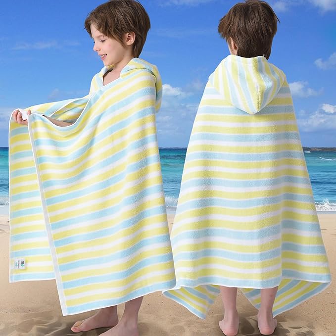 VOOVA & MOVAS Kids Beach Towels with Hood Lightweight - 100% Cotton (3-10Years) - Quick Dry Absorbent Towel for Pool | Swim | Beach | Bath, Boys Wrap Towel with Hood, Yellow Blue Stripe
