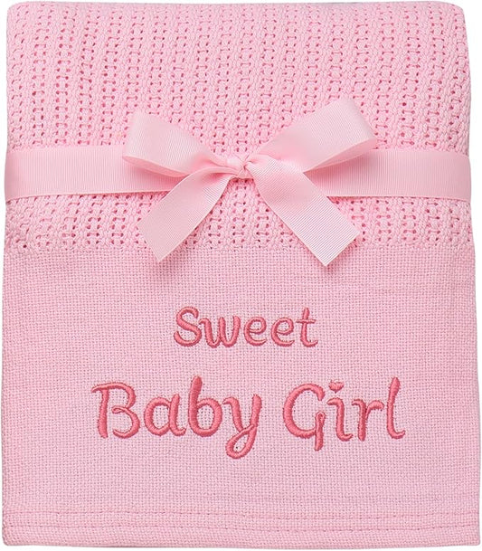 Cotton Knit Baby Blanket with Embroidery, Sweet Baby Girl, 30 in. x 40 in., Pink