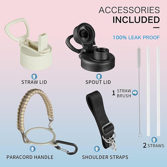 32oz Insulated Water Bottle with Paracord Handles & Strap, 2 Lids(Straw Lid&Spout Lid), Stainless Steel Reusable Wide Mouth Metal Water Bottle With Straw, Double Walled, Thermo Mug,(White Leoqard)