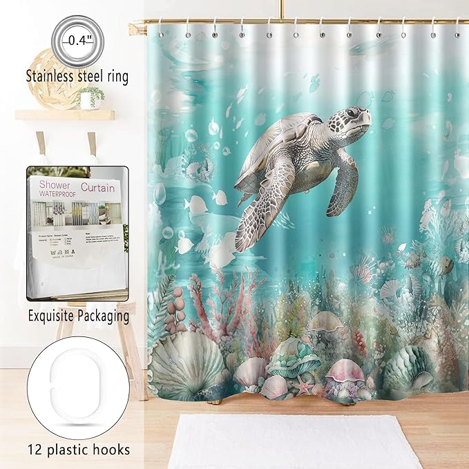 Sea Turtle Shower Curtain for Bathroom Ocean Beach Shower Curtain Set with 12 Hooks (Sea Turtle, 72" x 72")