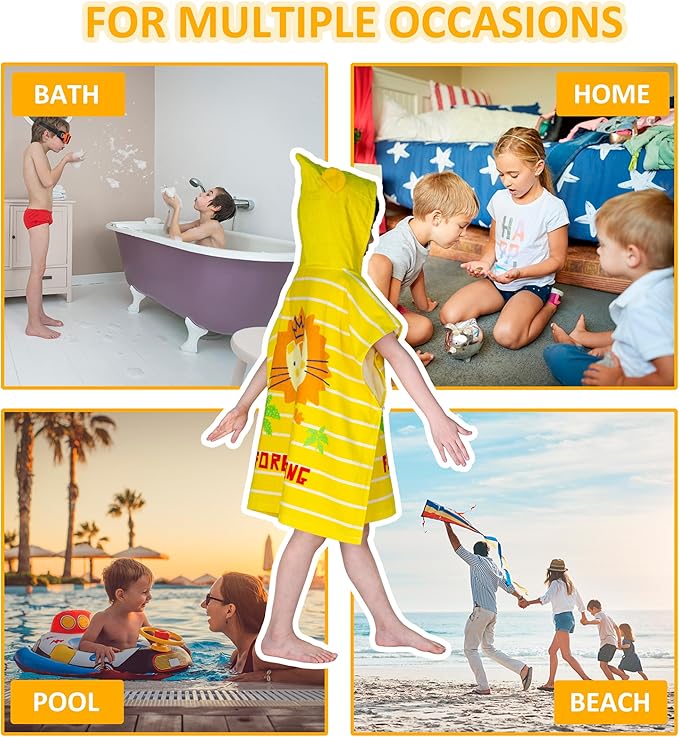 Toddler Bath Towel Hooded - Cotton Kids Beach Towel 24"x24" for Ages 1 to 5, Toddler Towels with Hood Snaps, Soft Terry Poncho Towel as Pool Swim Cover Ups for Girls Boys (Lion Yellow)