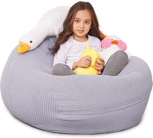 Stuffed Animal Storage Bean Bag Chair Cover for Kids, 38" Beanbag Chairs Cover Plush Toys Organizer Super Soft Corduroy with Handle and Zipper for Boys and Girls - Grey