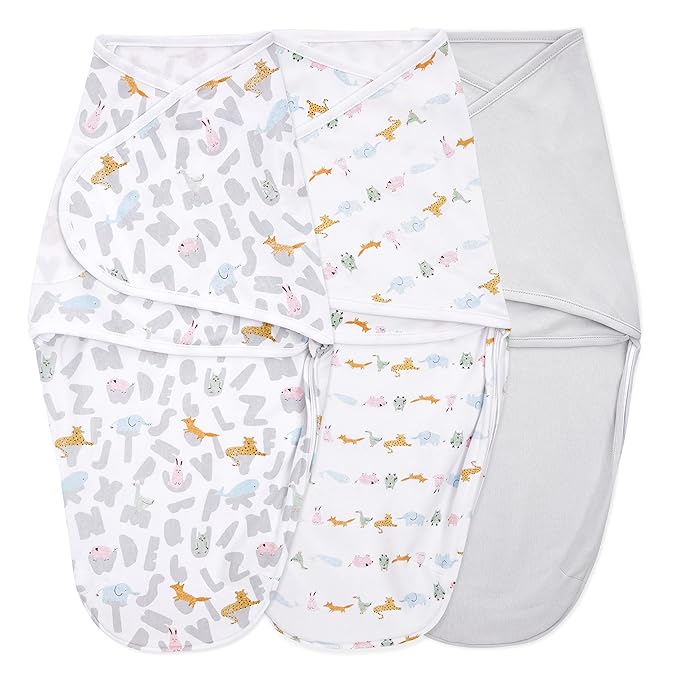 aden + anais, Cotton Knit Baby Wrap, Newborn Wearable Swaddle Blanket, 3 Pack, Multicolor Alphabet Animals, 0-3 Months