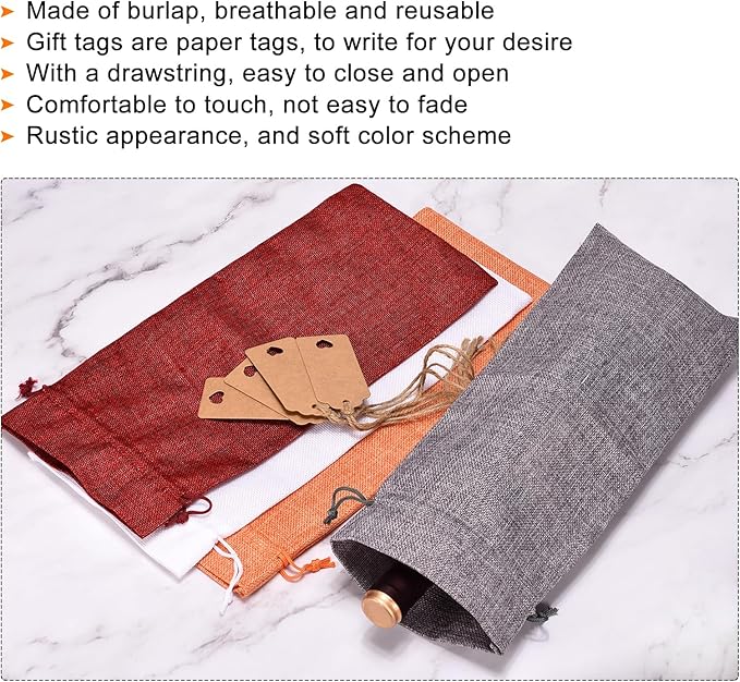 uxcell Burlap Wine Bags with Drawstrings, 12Pcs Wine Gift Bags Reusable Wine Bottle Bags with Ropes and Tags for Wedding, Birthday, Travel (14 x 6.3 In, White)
