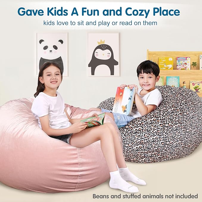 Lukeight Stuffed Animal Storage Bean Bag Chair Cover for Kids, Zipper Beanbag Chair Cover for Organizing Toddler and Kids' Rooms Plush Toys (Leopard Velvet, X-Large)