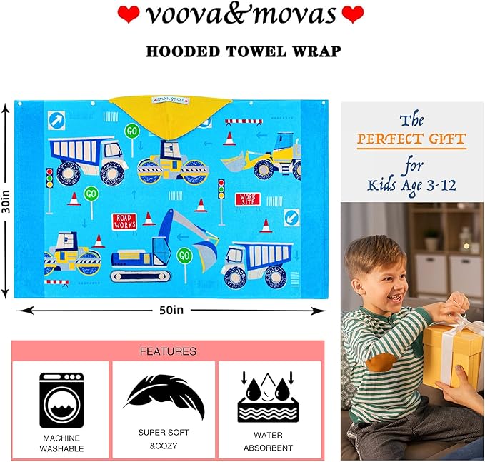 VOOVA & MOVAS Kids Towels Age 3-10, Soft | Thick | 100% Cotton, Large Absorbent Beach, Bath, Pool, Swim Towels | Cover up for Boys | Excavator Vehicle