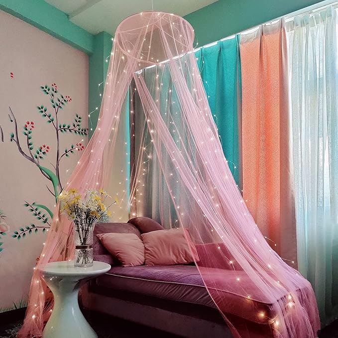 Eimilaly Bed Canopy Mosquito Net with 250pcs Warm White Curtain Lights, Bed Canopy for Girls Room Decor or Theme Party, Pink/Warm White Lights