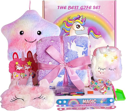 Unicorn Gifts for Girls 3 4 5 6 7 8 Years Old, Unicorn Toys with Plush Light Up Star Pillow Blanket Diamond Art Bracelet Graduation Birthday Gifts for Girls