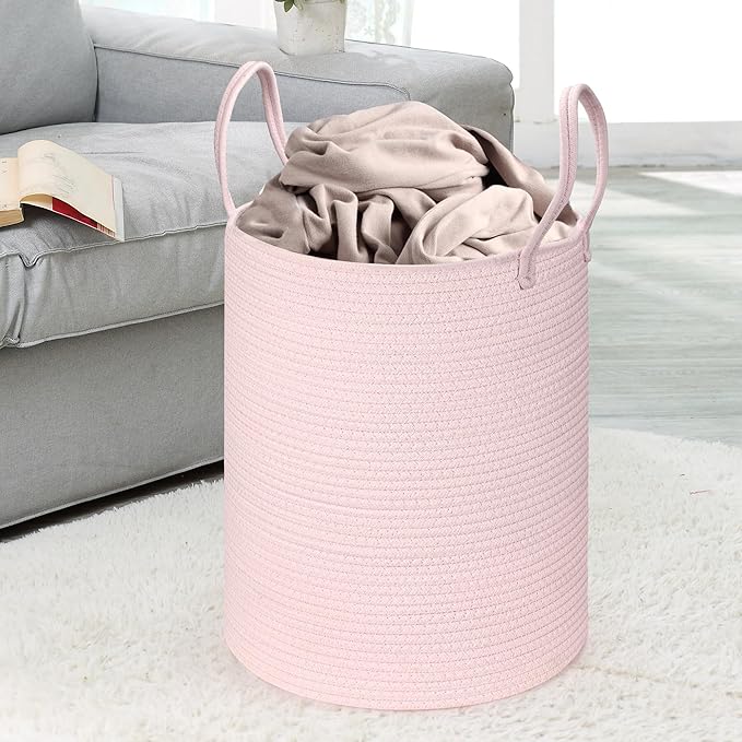 Baby Laundry Basket Hamper,Woven Cotton Rope Pink Laundry Basket Nursery Hamper Bin Storage Basket for Girls Kids Living Room Bedroom Cute Boho Tall Woven Rope baskets for Clothes Blanket Toys Large