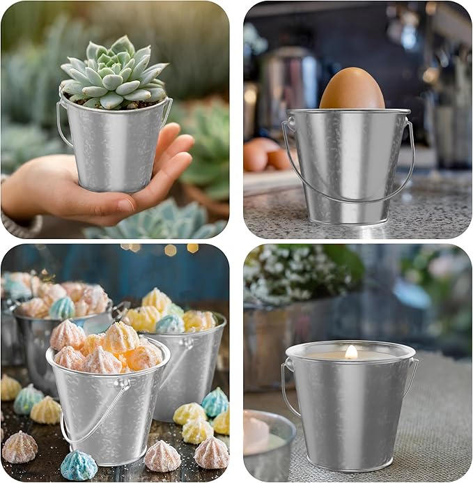 Small Metal Buckets with Handle 12 Pcs – Galvanized Bucket Leak Proof & Rust Resistant 8 fl oz Capacity - Best for Party Décor, Organizing & Decorating Classrooms (Mini 3.3" Top, Silver)