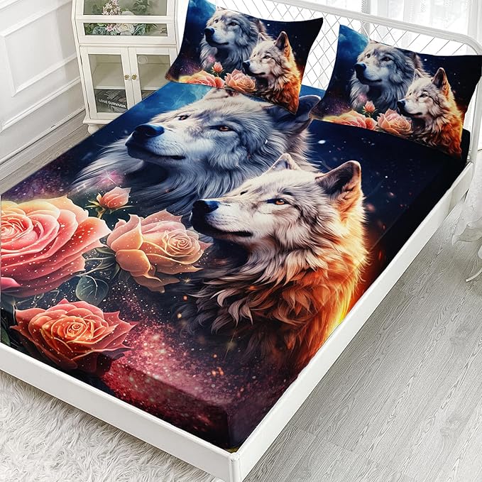 AILONEN Wolf Fitted Sheet Set Twin Size, Red Floral Flower and Wolves Animals Bed Sheet Set,3 Pieces Safari Wolf Bed Sheet Set for Boys Girls,1 Fitted Sheet with 2 Pillowcases