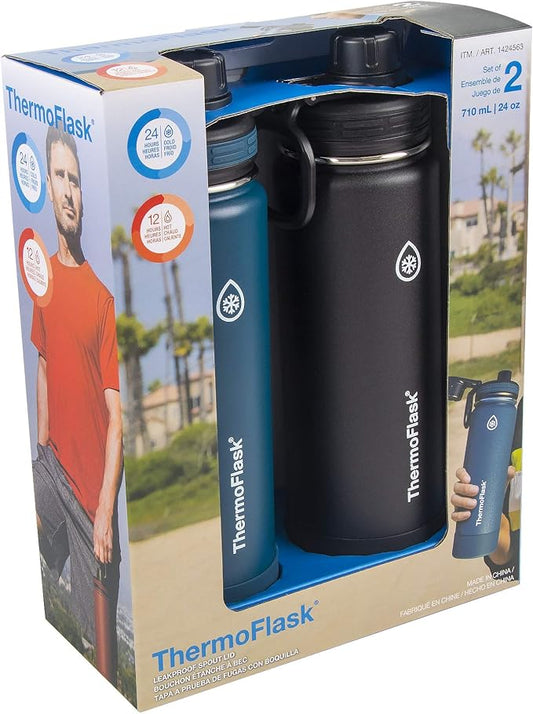 ThermoFlask 24 oz Double Wall Vacuum Insulated Stainless Steel 2-Pack of Water Bottles, Mayan Blue/Black