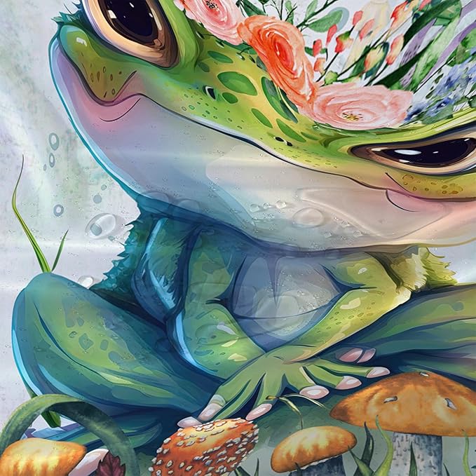 AILONEN Cute Frog Shower Curtain Cartoon Animal Wildlife Frog Cartoon Mushroom Minimalist Modern Art Retro Green Shower Curtain Bathroom Decor Curtains with 12 Hooks 72" W*84" H