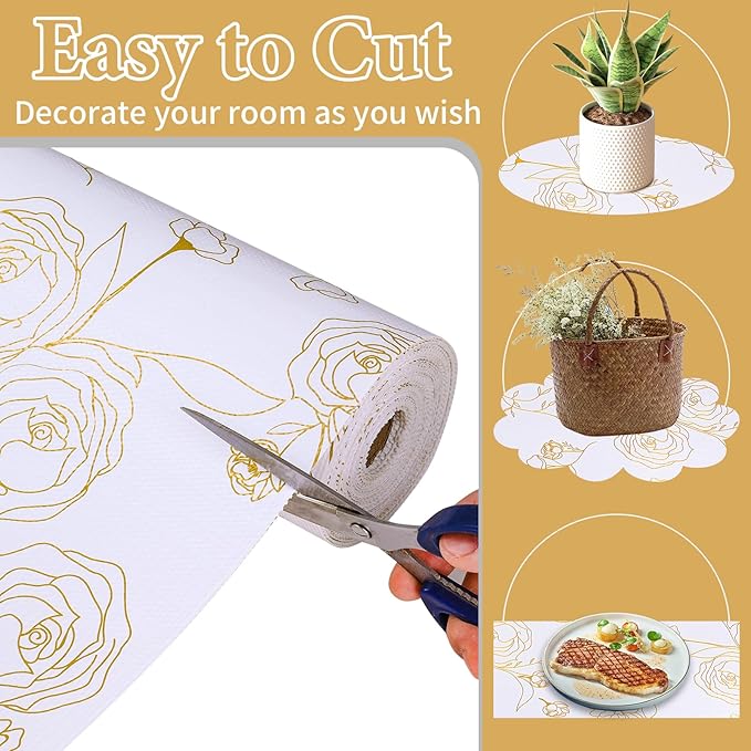 Shelf Liners for Kitchen Cabinets Non Adhesive Drawer Liner 23.6in x 30FT Gold Floral Thickened Shelf Liner Paper Strong Non-Slip Easy to Clean for Tool Box Refrigerator