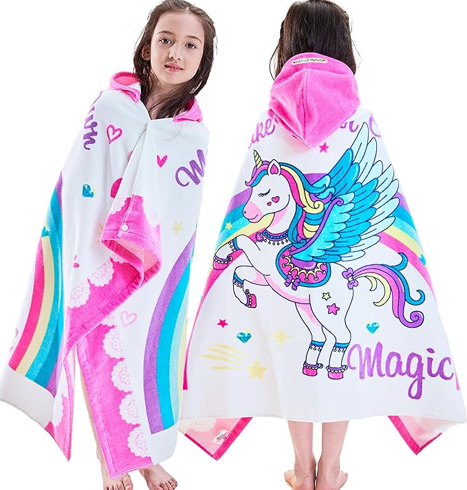 VOOVA & MOVAS Kids Towels with Hood Age 3-10, Soft | Thick | 100% Cotton | Absorbent | Large Wrap| Cover Up, Perfect for Beach, Pool, Bath, Swim, White Magic Unicorn