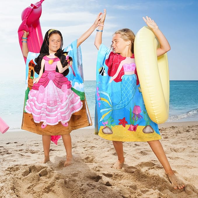 Tirrinia Mermaid Kids Poncho Towel, Surf Beach Bath Swim Hooded Towels for 2-7 Years Girls Toddler Gift, 24 by 52-inch, 100% Cotton