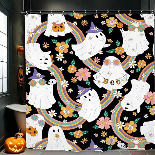 Halloween 70s Ghost Funny Shower Curtain 60Wx72L Inch 70s Groovy Funky Trendy Hippie Cute Horror Spooky Scary Rainbow Bathroom Set Accessories Decor with 12 Pack Hooks