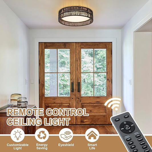 SineRise 12" Flush Mount Ceiling Light,25W LED Rattan Ceiling Light Fixture,Dimmable Handmade Boho Light Fixtures with Rattan,Farmhouse Lighting Fixtures Ceiling for Hallway Kitchen Bedroom(Black)