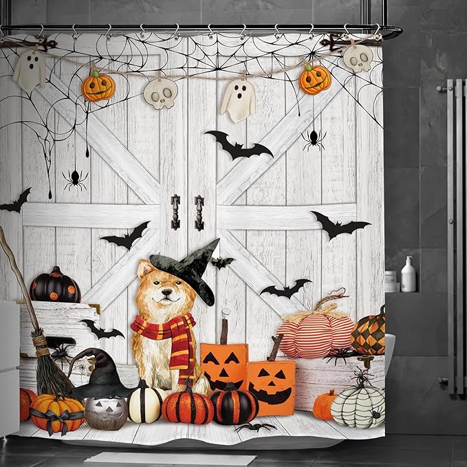 Halloween Dog Pumpkin Shower Curtain 60Wx72L Inch Barn Door Horror Scary Spooky Wood Farmhouse Rustic Bat Bathroom Set Accessories Decor with 12 Pack Hooks