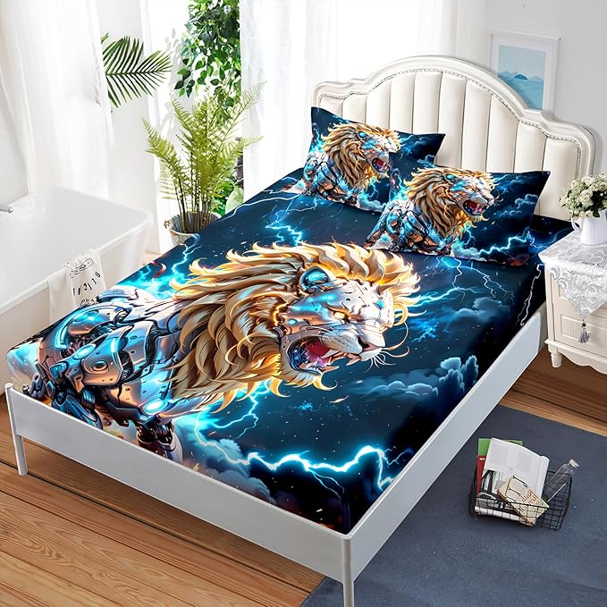 AILONEN Boys Lion Fitted Sheet Set Queen Size, Safari Animal Lion Blue Lightning 3 Pieces Printed Kids Bed Sheet Set,Wildlife Fitted Sheet with 2 Pillowcases