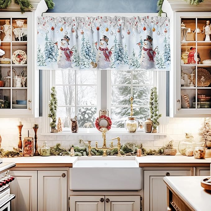 Snowman Valance Curtains for Kitchen Windows Blue Merry Christmas Tree Red Balls Squirrel Rod Pocket Window Treatment Toppers for Kitchen/Living Room/Bedroom/Bathroom, 60" X 18", Winter