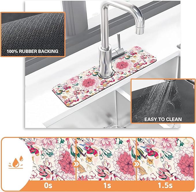 Kitchen Faucet Mat Artistic Floral Kitchen Sink Splash Guard Faucet Mat,1 PC Splash Guard Behind Faucet Drip Catcher for Kitchen,Sink Mat,Dish Drying Mat,Bathroom Faucet Mat 15.5""X5.5""