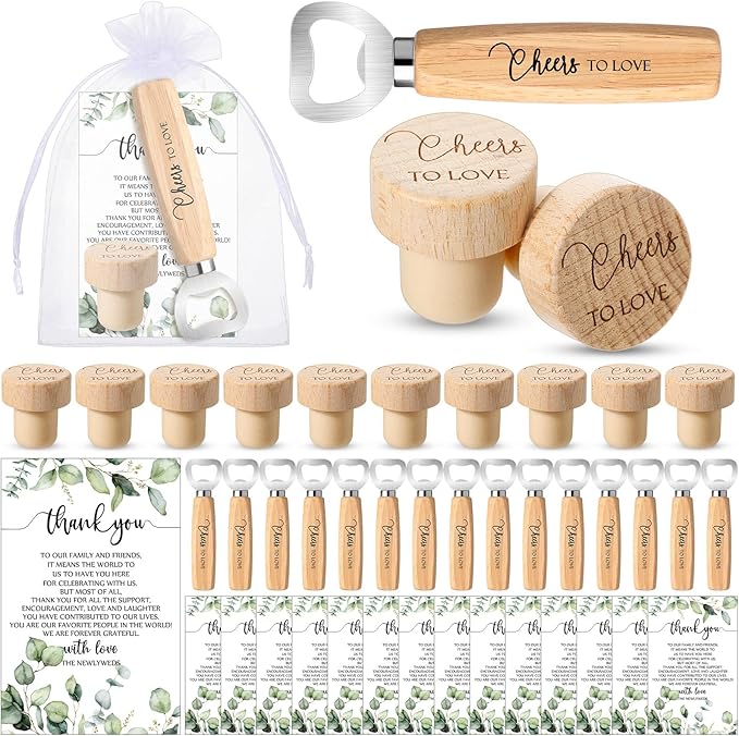 Barydat 36 Sets Wedding Favors Bulk for Guests Wine Corks Wooden Stopper Beer Bottle Opener Wedding Thank You Gift Card Organza Bag Wedding Appreciation Gifts for Bridal Shower