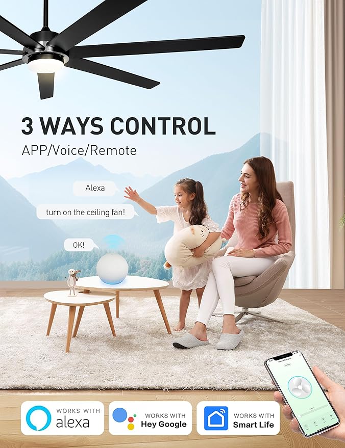 72" Black Smart Ceiling Fan with Light and Remote via WiFi Alexa APP Control,6 Speed Quiet DC Motor,Dimmable LED Light,7 Wood Blades Indoor Outdoor Ceiling Fans for Patios or Bedroom