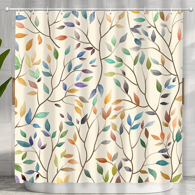 Boho Floral Shower Curtain, Fall Colorful Botanical Flower Leaves Bohemian Yellow Fabric Shower Curtain Set with 12 Hooks, Bathroom Bathtub Accessories Decor Cloth Curtain 72x72 Inches