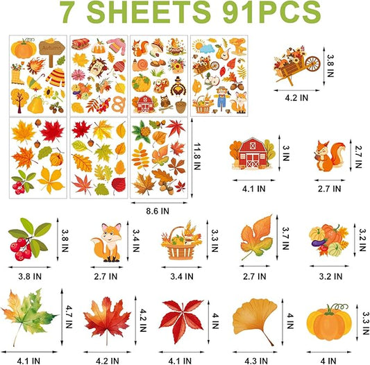Fall Window Clings Autumn Maple Leaf Window Static Stickers Double-Sided Leaves Pumpkin Turkey Window Door Cling Removable Reusable Window Stickers Thanksgiving Party Window Door Decor