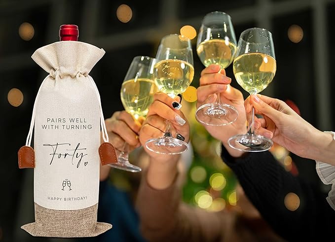 40th Birthday Wine Bag, Cotton Linen Wine Gift Bag With Drawstring, Wine Champagne Bottle Gift Bag, Forty Years Old Birthday Gifts Wine Bag for Woman Man, 40th Birthday Party Favors-5