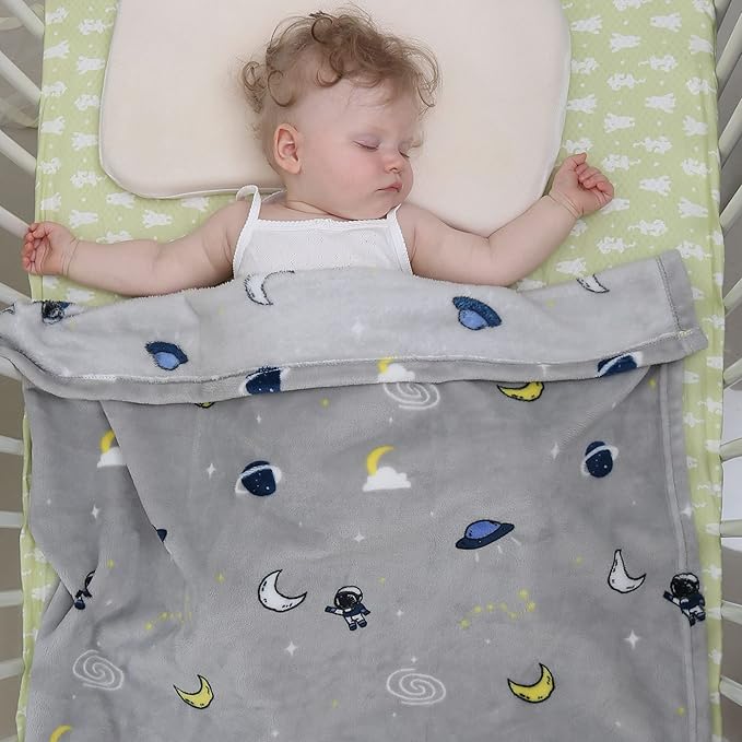 DaysU Plush Flannel Baby Blanket Super-soft Lightweight, Printed Fleece Baby Blanket for Boys, Portable Bed Throws for Baby Crib and Toddler Bed, Grey Space, 30”x40”