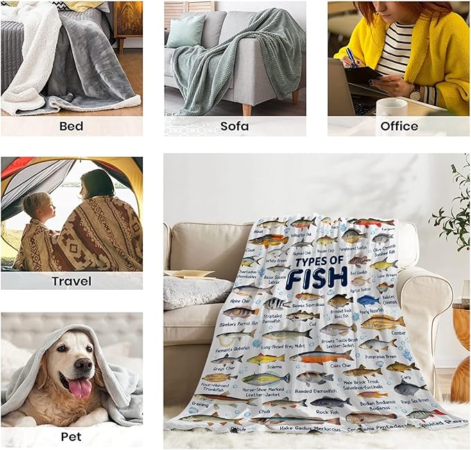 Fish Throw Blanket,Types of Fish Blanket Fish Blanket Gifts,Ultra Soft Lightweight Flannel Blankets Warm Fuzzy Cozy Plush Blankets for Couch Sofa Bed Living Room,Queen Size-60"x80"