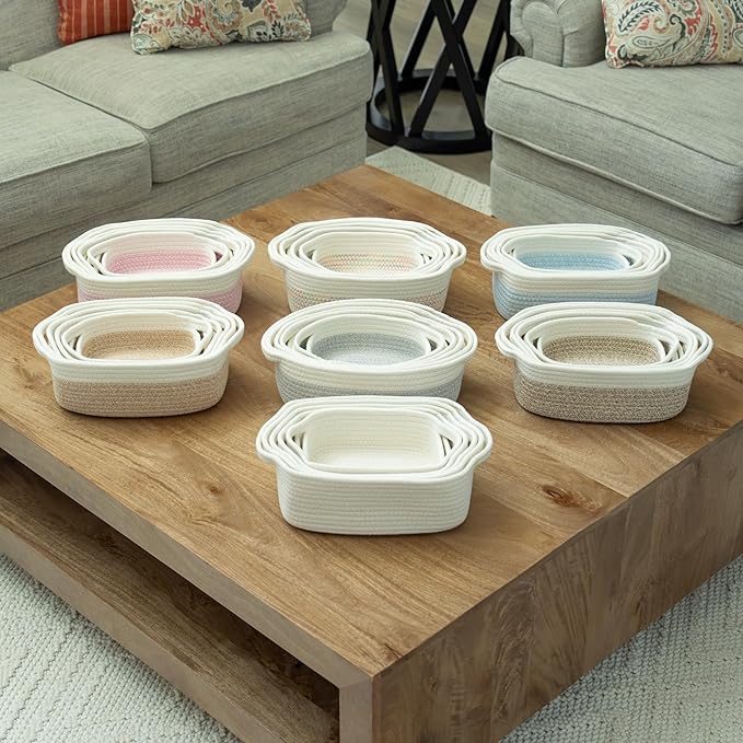 OrganiHaus Set of 5 Rectangle Bathroom Storage Baskets for Organizing, Small Woven Baskets for Storage Basket for Bathroom, Nursery Storage Basket for Baby Nursery Organization, Cute Bin, Brown/White