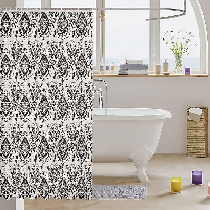 Feelyou Damask Pattern Shower Curtain 72"x72" Kids Vintage Floral Bathroom Shower Curtain Set for Boys Girls Teens Black White Luxury Bath Curtain Baroque Style Bathroom Accessories