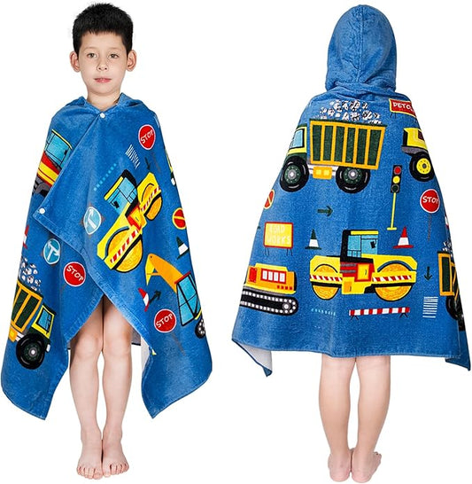 Toddler Bath Towel Hooded - Cotton Kids Beach Towel 30"x50" for Ages 3 to 10, Soft Terry Poncho Towel as Pool Swim Cover Ups for Girls Boys(Construction Site Blue)