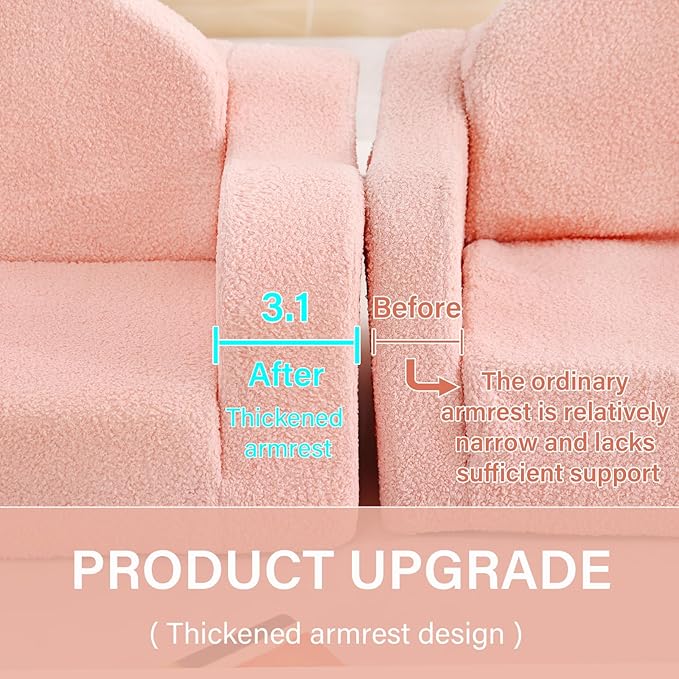 Tiita Kids Chair Couch, Folding Toddler Comfy Sofa Chairs, 2-in-1 Kids Plush Sofa Fold Out, Baby Armrest Chair Sofa to Lounger, Convertible Play Sofas to Bed for Girl or Boy, Pink