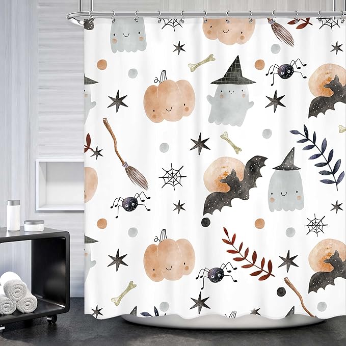 Halloween Kids Shower Curtain 60Wx72L Inch Cute Cartoon Ghost Pumpkin Shower Curtain Bathroom Set Bat Spider Web Wizard Hat Funny Stars Leaves Bath Curtain Bathtub Accessories Home Decor