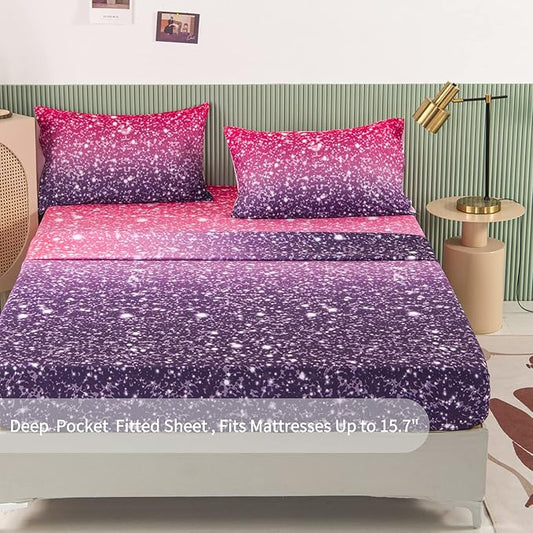 RYNGHIPY 3D Glitter Bed Sheet Set for Kids Teens Girls Women, Pink and Purple Rainbow Fitted Sheet & Pillowcase, Glitter Print Bedding Collections (Purple Pink,Full)
