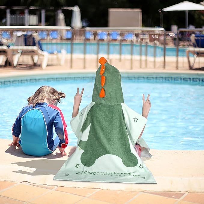 Toddler Bath Towel Hooded - Cotton Kids Beach Towel 24"x24" for Ages 1 to 5, Toddler Towels with Hood Snaps, Soft Terry Poncho Towel as Pool Swim Cover Ups for Girls Boys (Dino Green)