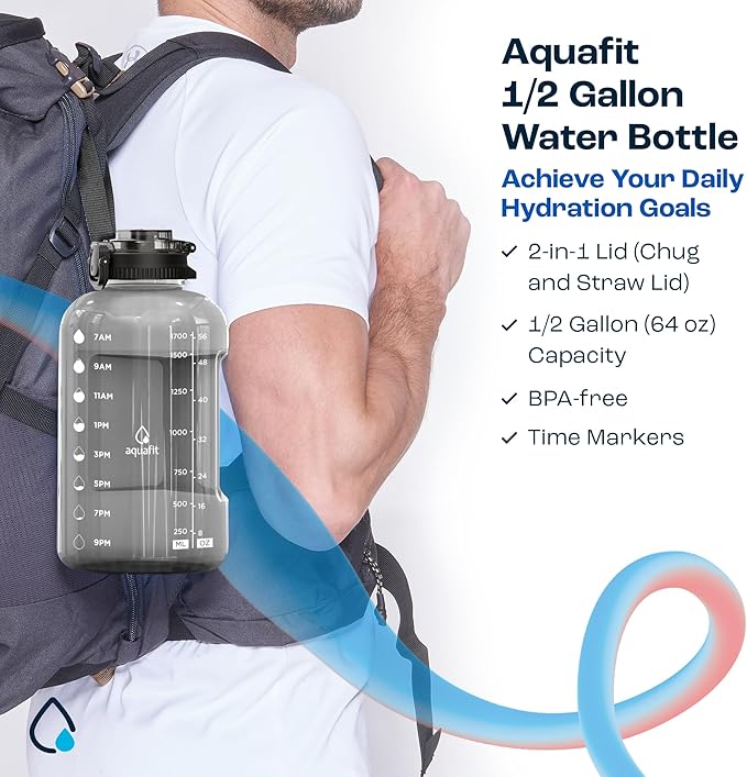 AQUAFIT 64 oz Water Bottle with Time Marker - BPA Free Half Gallon Water Bottle with Straw - Gym Water Bottle with Handle, Gallon Water Jug, Big Water Bottle, Large Water Bottle (Frosty, 2in1 Lid)