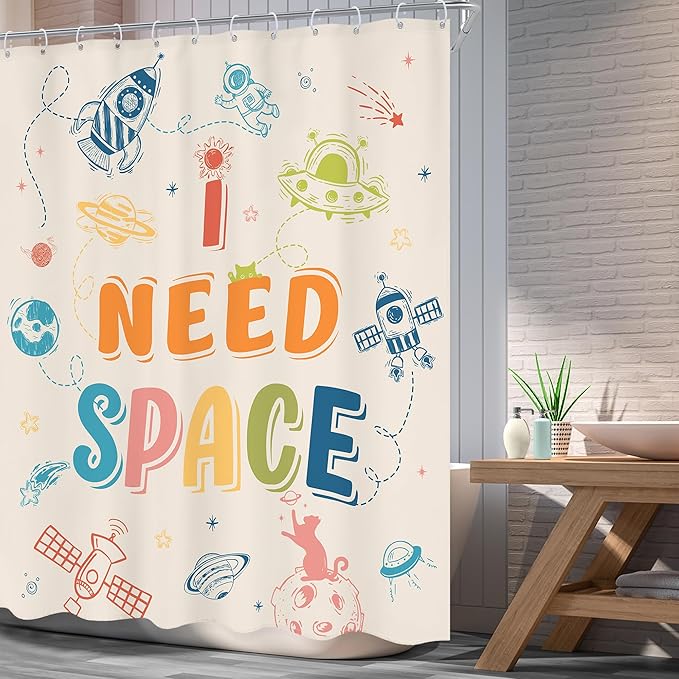 Kids Shower Curtain 60Wx72L Inch Funny Space Quotes Toddler Planet Cartoon Cute Universe Galaxy Boys Girls Nursery Colorful Bathroom Set Bath Curtain Bathtub Accessories Home Decor
